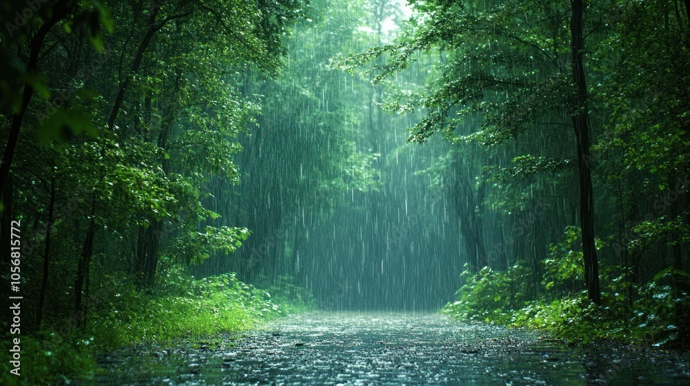 Obraz premium Serene forest scene with rain, showcasing lush greenery and tranquility.