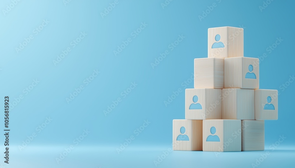 Connected wooden cubes with human symbols, symbolizing networking and collaboration, simple blue backdrop Connected wooden cubes with human symbols, symbolizing networking and collaboration, simple blue backdrop