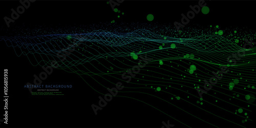 Abstract  background futuristic wave from color lines and flow dots on black. Technology concept analytical  data.  Banner for business, science and technology data analytics. Big Data.
