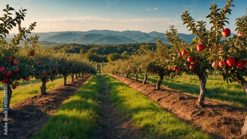 Two rows of apple trees full of fruit seen under a blue sky, ready for picking