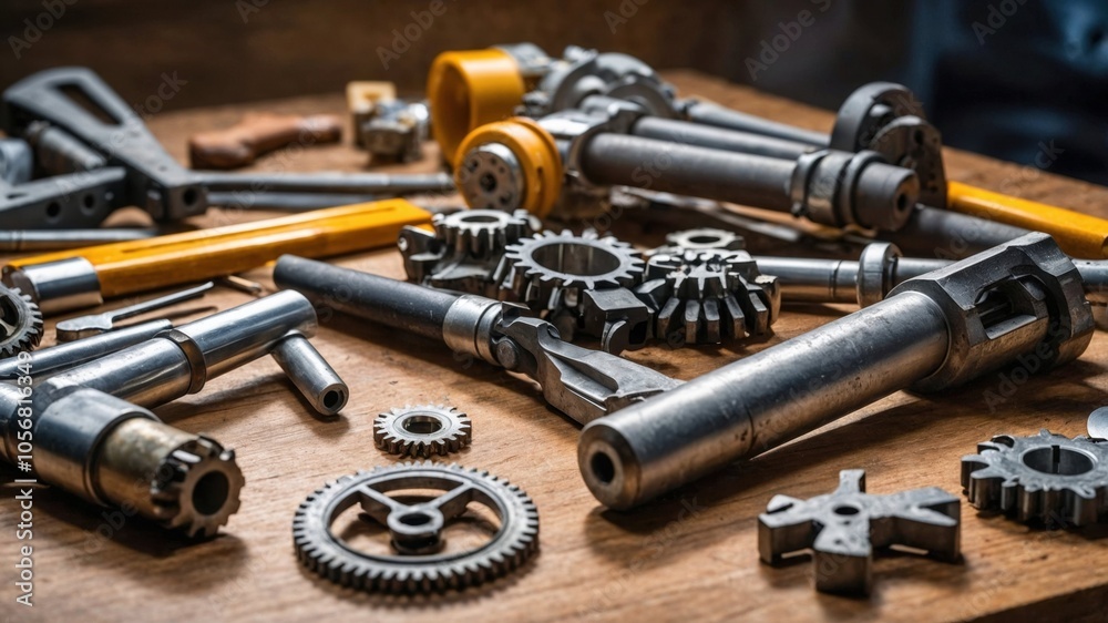 A wooden table covered with assorted metal parts and tools A wooden table covered with assorted metal parts and tools