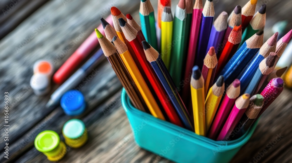 Colorful Pencils in a Blue Container Colorful Pencils in a Blue Container