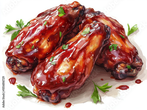 BBQ chicken wings with glaze and parsley garnish. Watercolor illustration on white background. Appetizer or snack concept for print and menu design