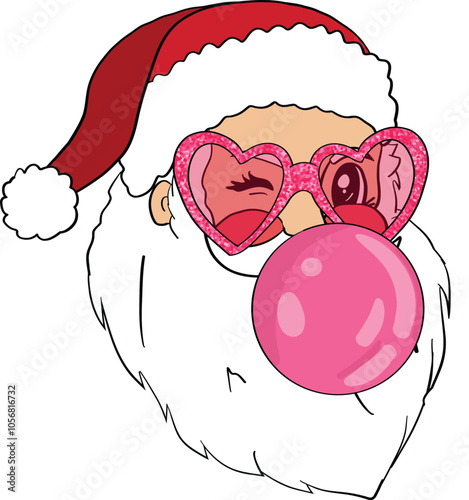Playful Santa Claus with bubble gum and heart glasses. Art & Illustration