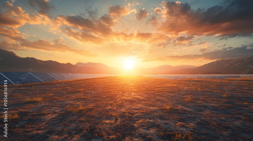Obraz premium Solar Panels Field at Sunset in Mountainous Landscape