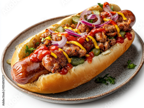 Chicago-style hot dog with sausage, pickles, red onion, mustard, and ketchup on ceramic plate. Closeup food photography. American fast food concept for menu, banner, and recipe card