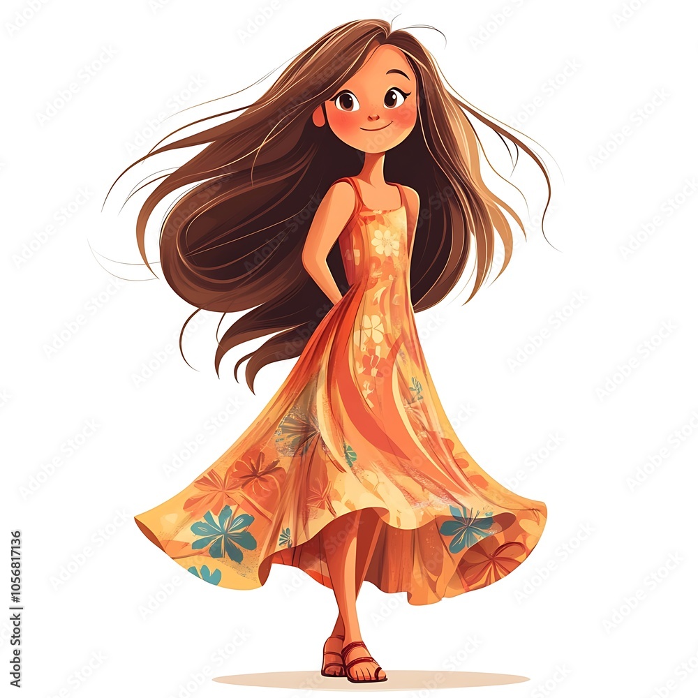 Cartoon girl with a gentle smile and long flowing hair in a sundress on a white background. Cartoon girl with a gentle smile and long flowing hair in a sundress on a white background.