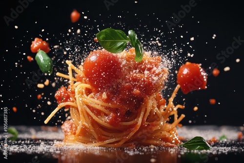 Spaghetti Explosion: Saucy Noodles and Fresh Herbs Bursting with Flavor in a Culinary Delight