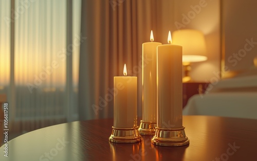 Elegant brass candlesticks arranged on a wooden table, warm glow, classic vintage interior scene