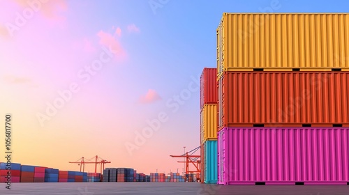 Shipping containers stacked in a large port area, supply chain infrastructure, vibrant colors, spacious layout, soft afternoon sunlight creating warm tones