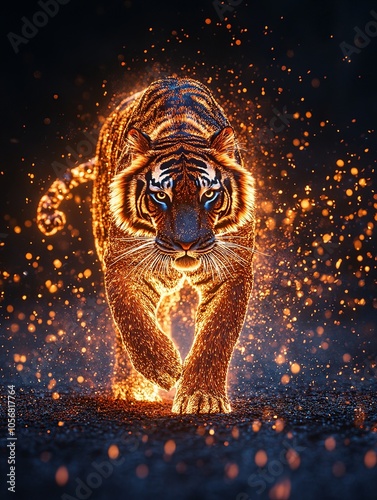 an ethereal tiger composed entirely of flowing fire, each part of its body formed by flickering flames. Poster art photo