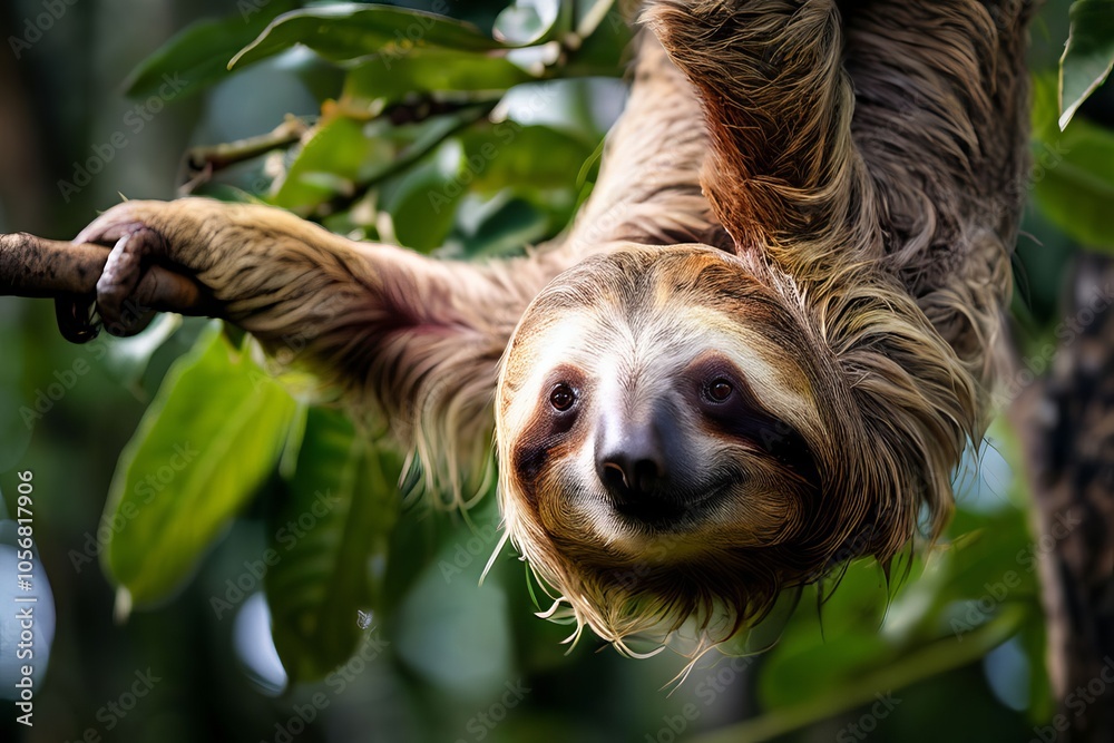 Fototapeta premium a sloth hanging upside down from a tree branch