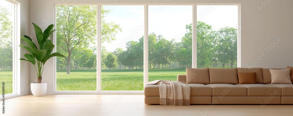 Spacious living room with large windows, showcasing a beautiful green landscape outside, featuring a comfy sofa and a decorative plant. Spacious living room with large windows, showcasing a beautiful green landscape outside, featuring a comfy sofa and a decorative plant.