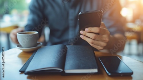 Closeup of a man's hand holding a smartphone with a cup of coffee and a notebook on the table.