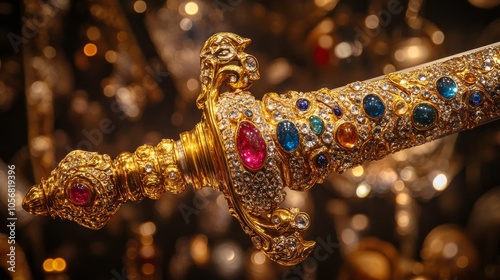 Close-up of a Gold and Gemstone-Encrusted Sword Pommel photo