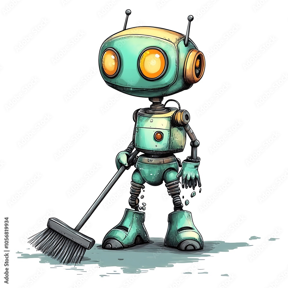 Cartoon robot janitor sweeping the floor on a white background. Cartoon robot janitor sweeping the floor on a white background.