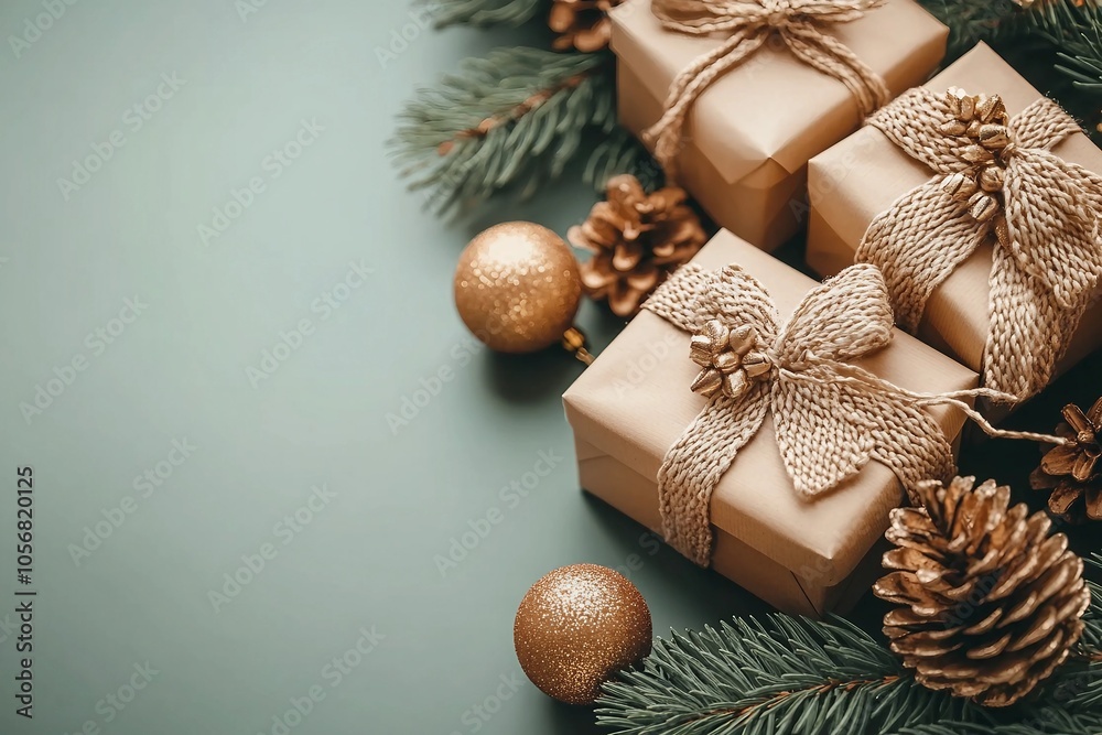 New Year card with Christmas gift boxes and golden decorations on khaki background New Year card with Christmas gift boxes and golden decorations on khaki background