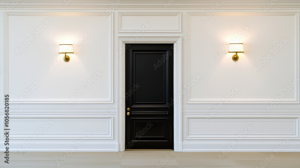 Luxurious entry with black door and brass wall sconces, white paneling, classic and refined interior concept Luxurious entry with black door and brass wall sconces, white paneling, classic and refined interior concept