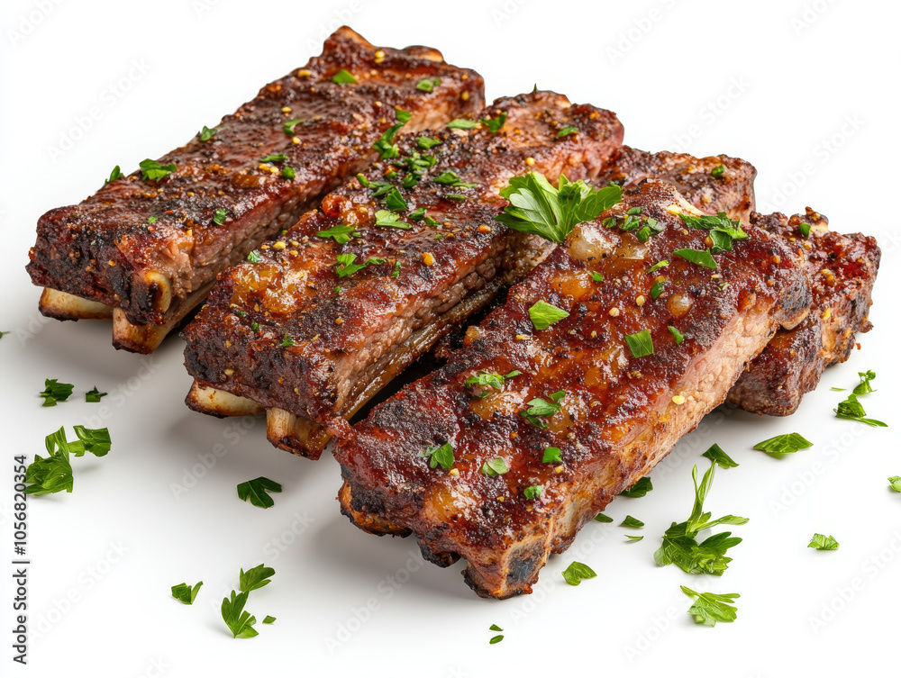 BBQ beef ribs with crispy char and garnished with fresh parsley, showcasing rich flavors on a white background BBQ beef ribs with crispy char and garnished with fresh parsley, showcasing rich flavors on a white background