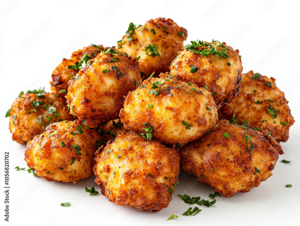 Golden fried potato balls garnished with fresh herbs, showcasing a crispy exterior and fluffy interior Golden fried potato balls garnished with fresh herbs, showcasing a crispy exterior and fluffy interior