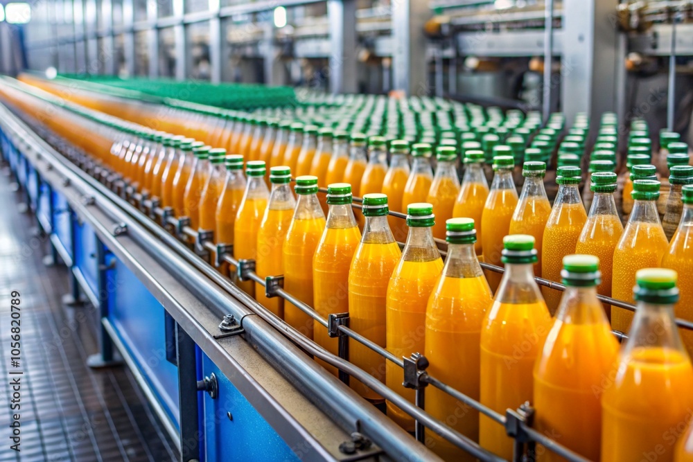 Bottles of orange juice on a conveyor belt Bottles of orange juice on a conveyor belt