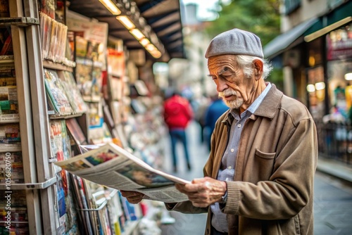 A man in a gray jacket and hat is reading a newspaper