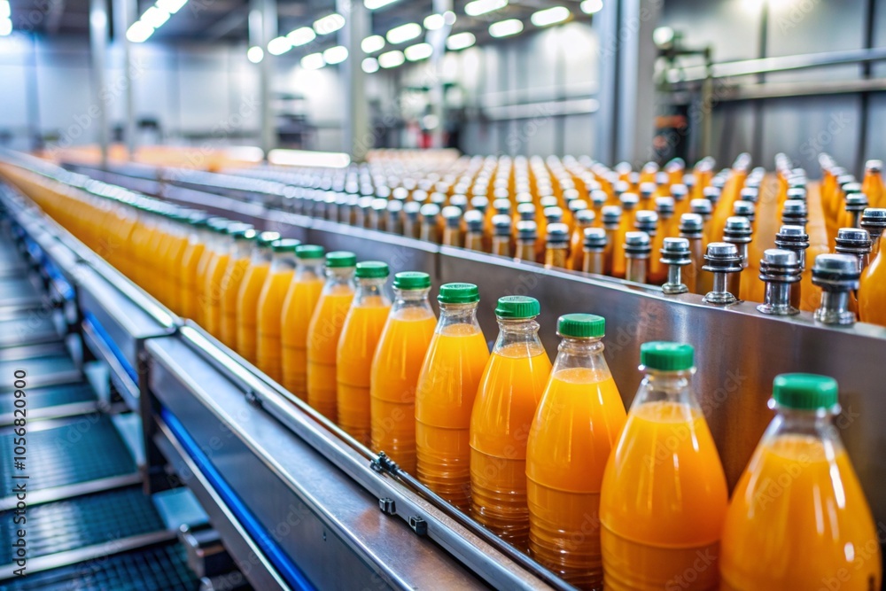 Fototapeta premium Bottles of orange juice on a conveyor belt