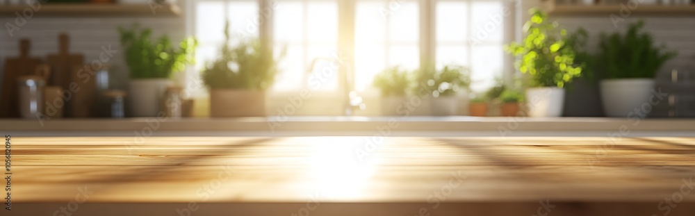 Sunlit Wooden Kitchen Countertop with Potted Greenery in Modern Home : Generative AI Sunlit Wooden Kitchen Countertop with Potted Greenery in Modern Home : Generative AI