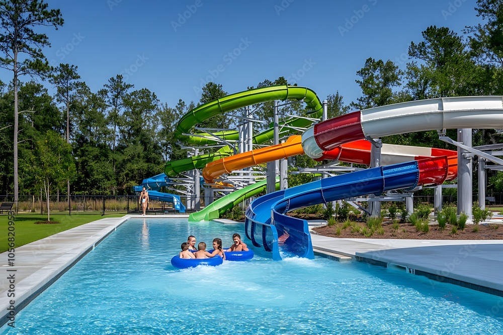 Aquapark sliders with pool. colored plastic water slides with pool in outdoor aqua park. 