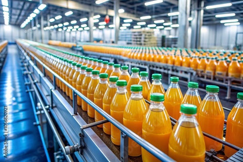 Bottles of orange juice on a conveyor belt