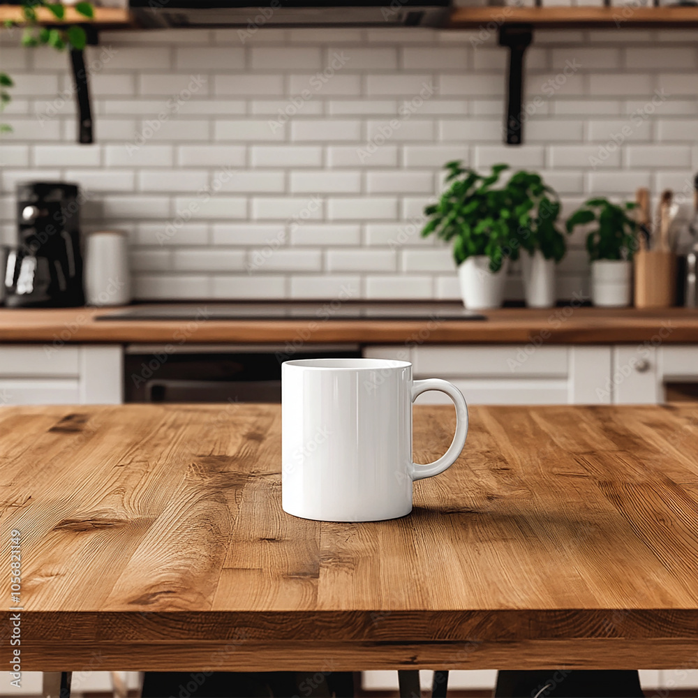 white mug mockup on kitchen table