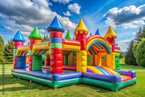 A colorful inflatable castle with a rainbow roof