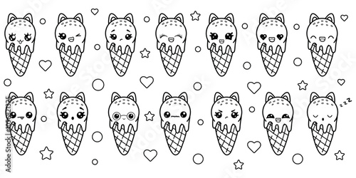 A large set of coloring pages with kawaii ice cream with cat ears and a funny face. Various Kawaii emotions.Vector illustration isolated on white background