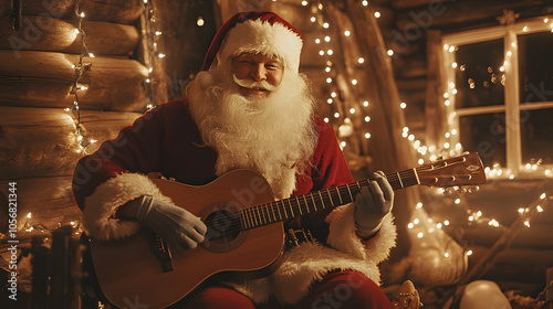 A Santa Claus playing a guitar in a cozy cabin filled with Christmas lights. photo