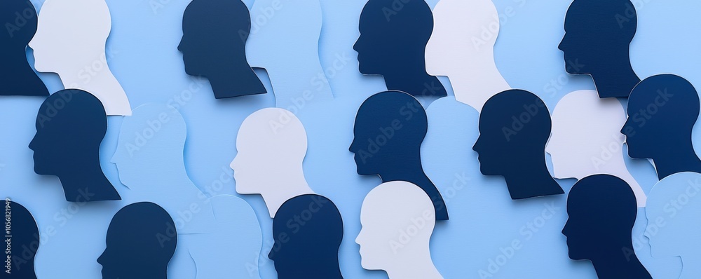 Numerous human silhouettes in soft blue, organized crowd, symbolizing unity or population density Numerous human silhouettes in soft blue, organized crowd, symbolizing unity or population density