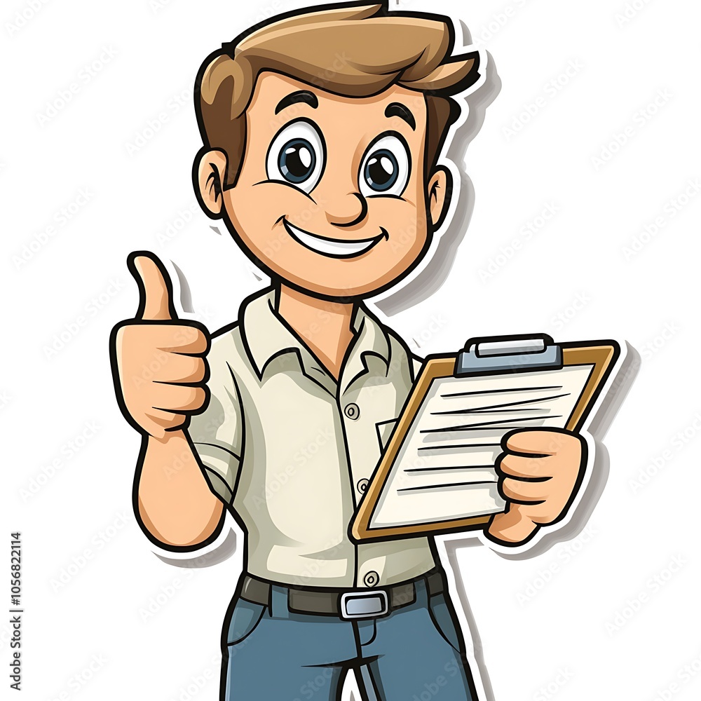 Cartoon employee holding a clipboard and giving a determined thumbs-up on a white background. Cartoon employee holding a clipboard and giving a determined thumbs-up on a white background.