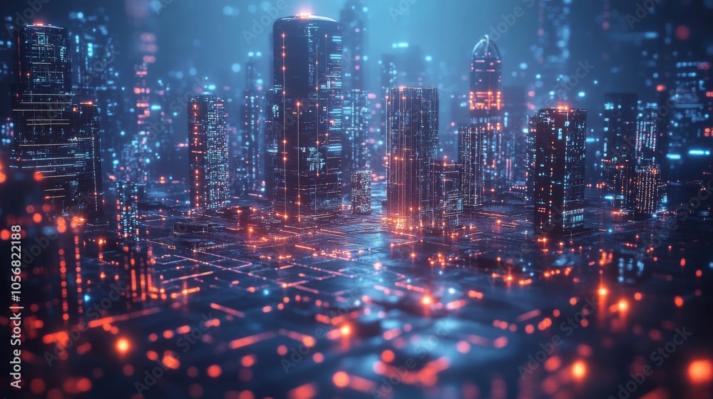 Illuminated Cityscape with Digital Circuitry and Glowing Towers Illuminated Cityscape with Digital Circuitry and Glowing Towers