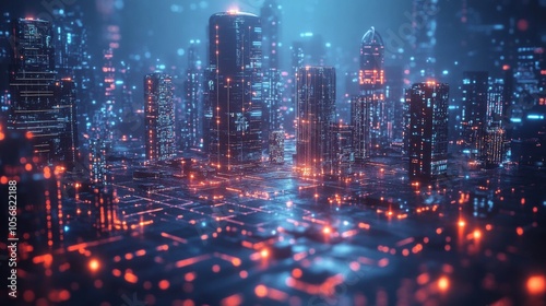 Illuminated Cityscape with Digital Circuitry and Glowing Towers