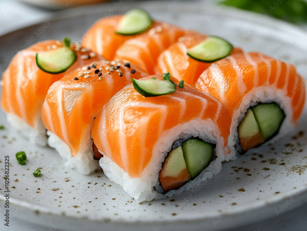 Close-up of fresh salmon sushi rolls garnished with chives, cucumber, and sesame seeds on a light background, showcasing vibrant colors, Japanese cuisine, and minimalistic food styling Close-up of fresh salmon sushi rolls garnished with chives, cucumber, and sesame seeds on a light background, showcasing vibrant colors, Japanese cuisine, and minimalistic food styling