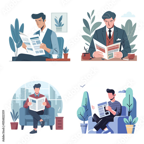 set reading newspaper flat design vector