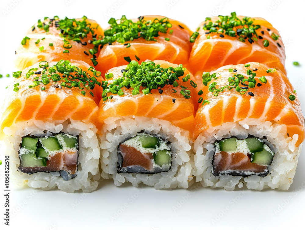 Close-up of fresh salmon sushi rolls garnished with chives, cucumber, and sesame seeds on a light background, showcasing vibrant colors, Japanese cuisine, and minimalistic food styling Close-up of fresh salmon sushi rolls garnished with chives, cucumber, and sesame seeds on a light background, showcasing vibrant colors, Japanese cuisine, and minimalistic food styling