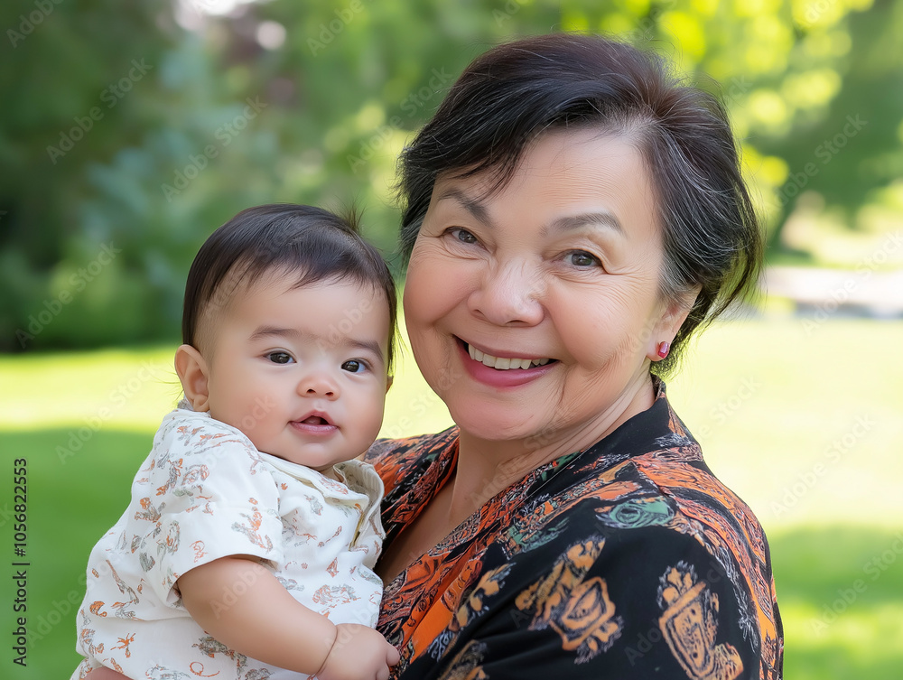 An older woman with a warm smile holds a baby in her arms, capturing a moment of joy and connection. The green background adds a natural touch to this family scene. An older woman with a warm smile holds a baby in her arms, capturing a moment of joy and connection. The green background adds a natural touch to this family scene.