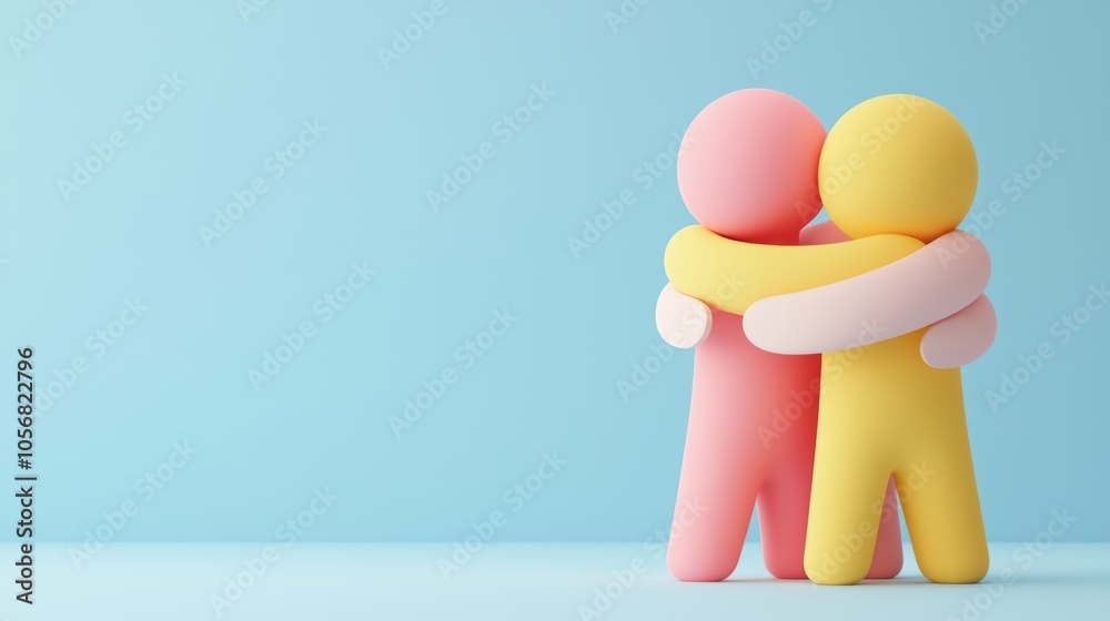 Paper-cutout figures of various colors in a group hug, concept of teamwork and inclusion, soft blue background Paper-cutout figures of various colors in a group hug, concept of teamwork and inclusion, soft blue background