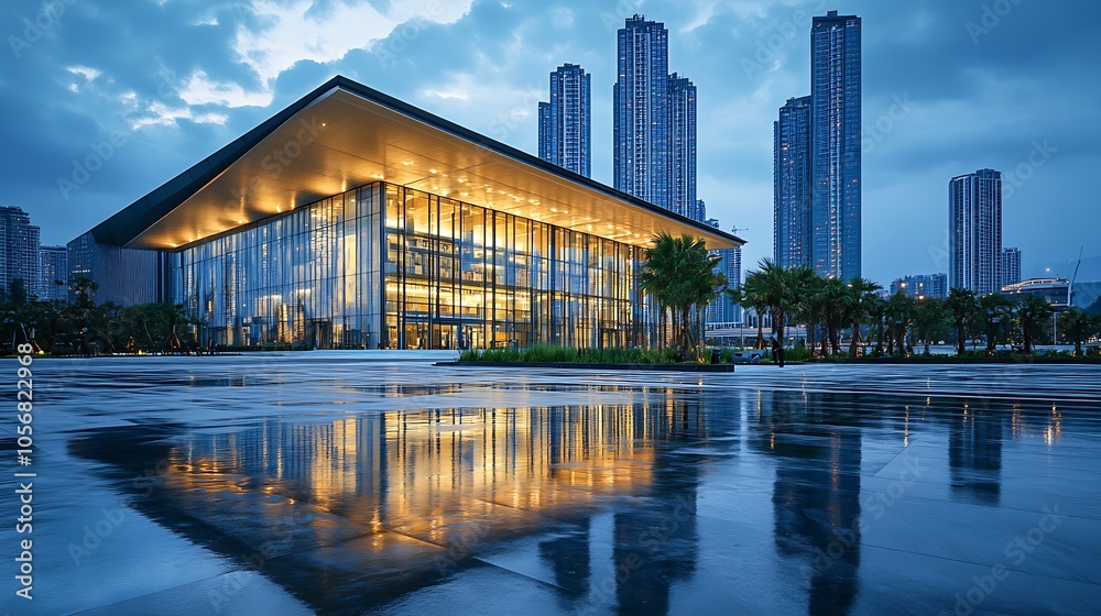 Fototapeta premium Modern Architectural Showcase with Skyscrapers and Reflective Water Surface at Dusk : Generative AI