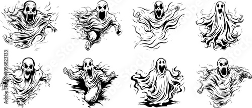 Set of Scary Ghost Illustrations with Flowing Robes and Screaming Expressions, Halloween Vector Design Elements in Black and White