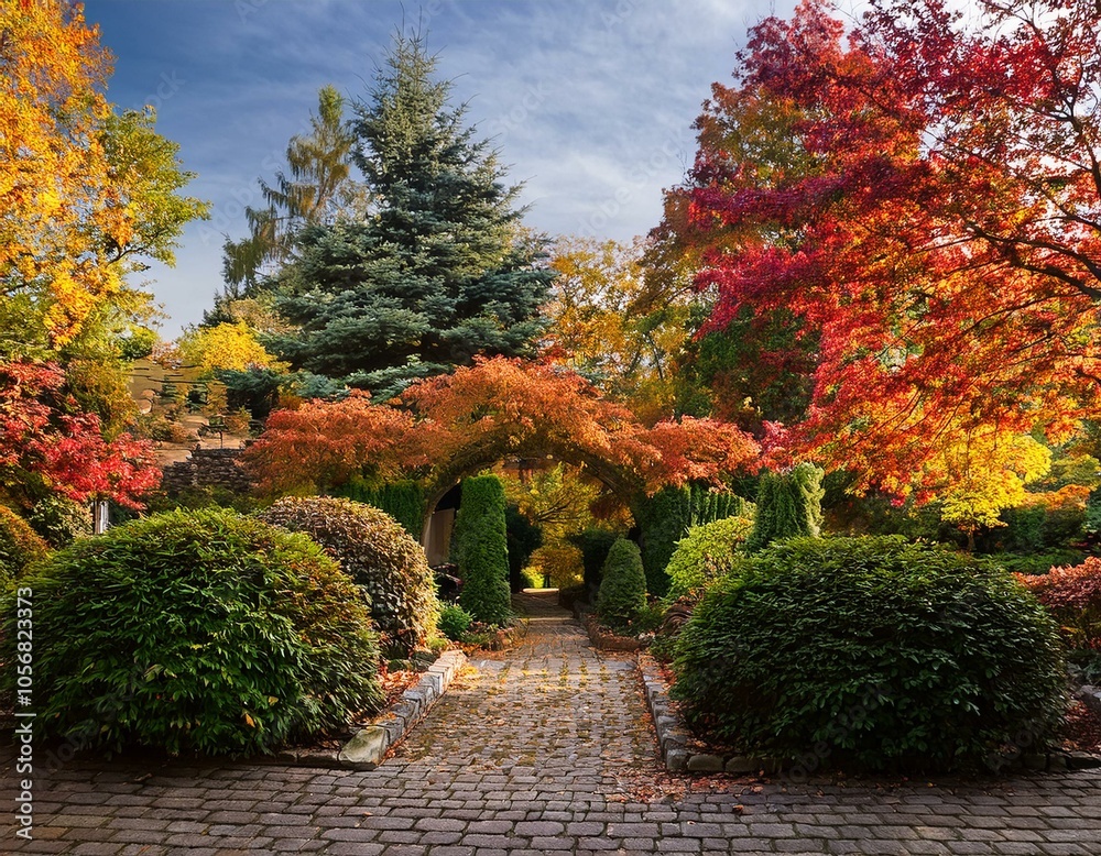 Garden with trees, green meadows and bushes with autumnal leaves on a sunny autumn day Garden with trees, green meadows and bushes with autumnal leaves on a sunny autumn day