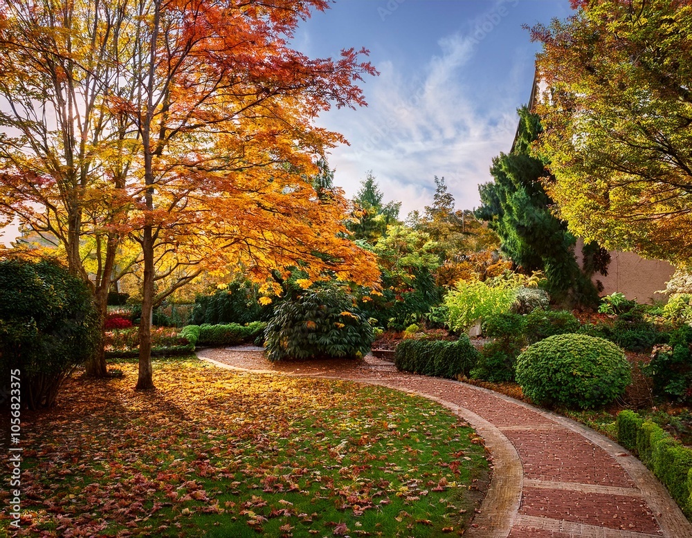 Naklejka premium Garden with trees, green meadows and bushes with autumnal leaves on a sunny autumn day