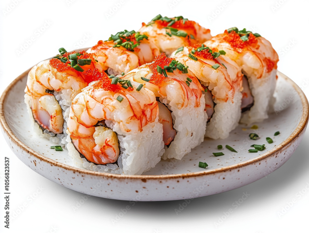 Shrimp sushi rolls topped with chives and fish roe on a ceramic plate, featuring vibrant colors and fresh ingredients Shrimp sushi rolls topped with chives and fish roe on a ceramic plate, featuring vibrant colors and fresh ingredients