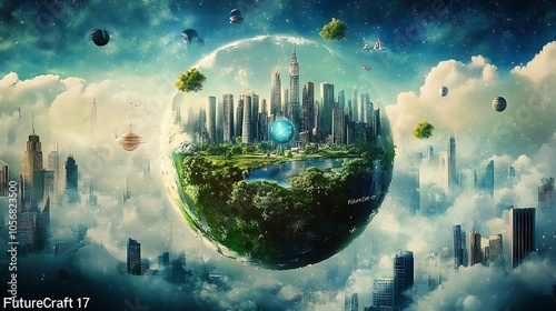 Floating City in Glass Orb Amidst Cloudscape Imagines Future Urbanization : Generative AI photo