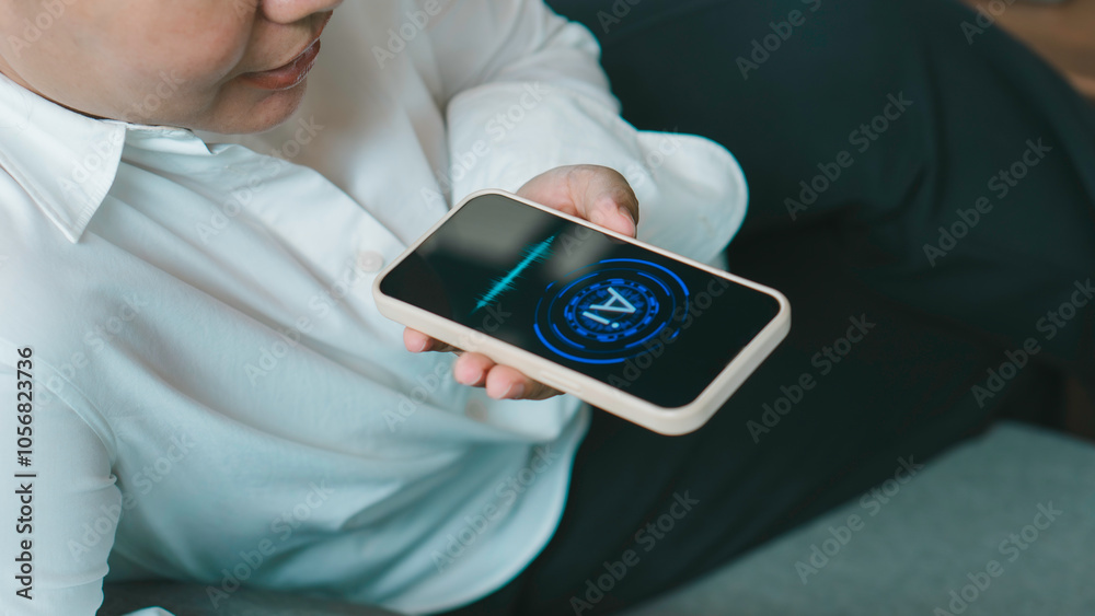 hand holding smart phone voice command with digital Artificial intelligence AI, technology smart robot AI, artificial intelligence for idea and generates.